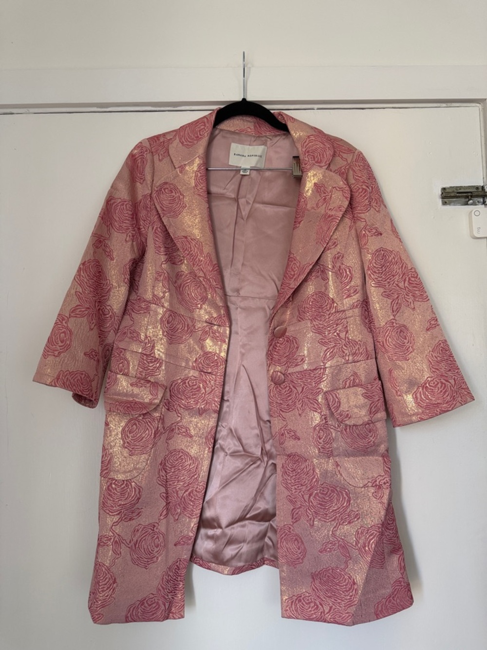 Banana Republic Pink Rose Brocade Blazer Coat with Gold Accents